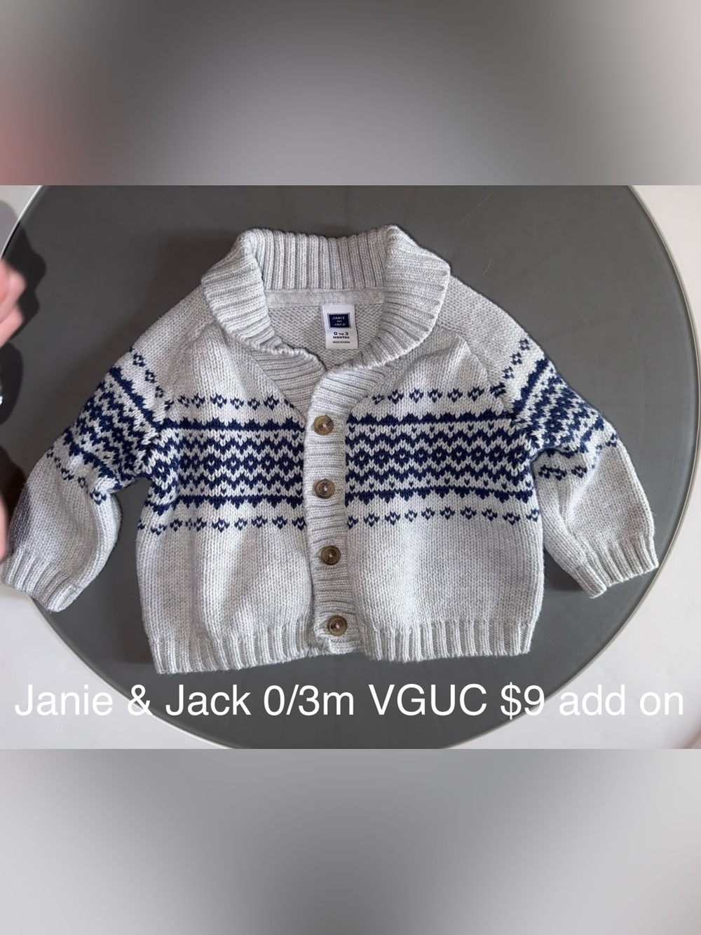 Janie and Jack Gray Cardigan with Navy Fair Isle Accents